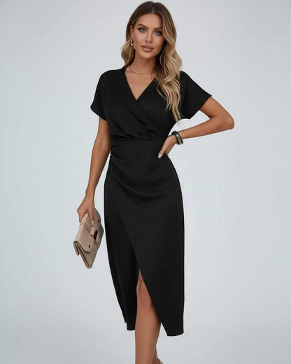Dames Midi Jurk | Groen | Overslag V-Hals | Gedrapeerd Met Split