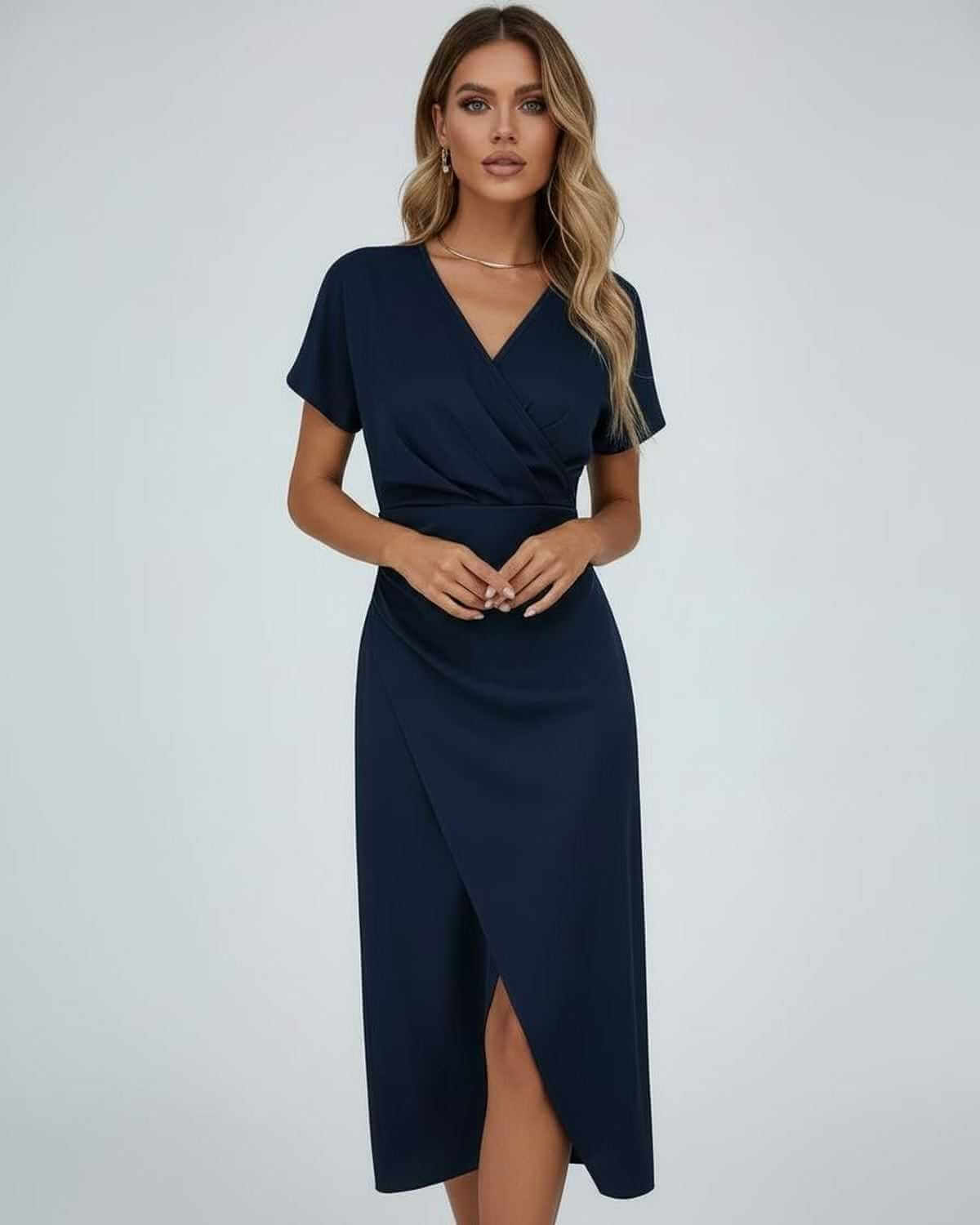 Dames Midi Jurk | Groen | Overslag V-Hals | Gedrapeerd Met Split