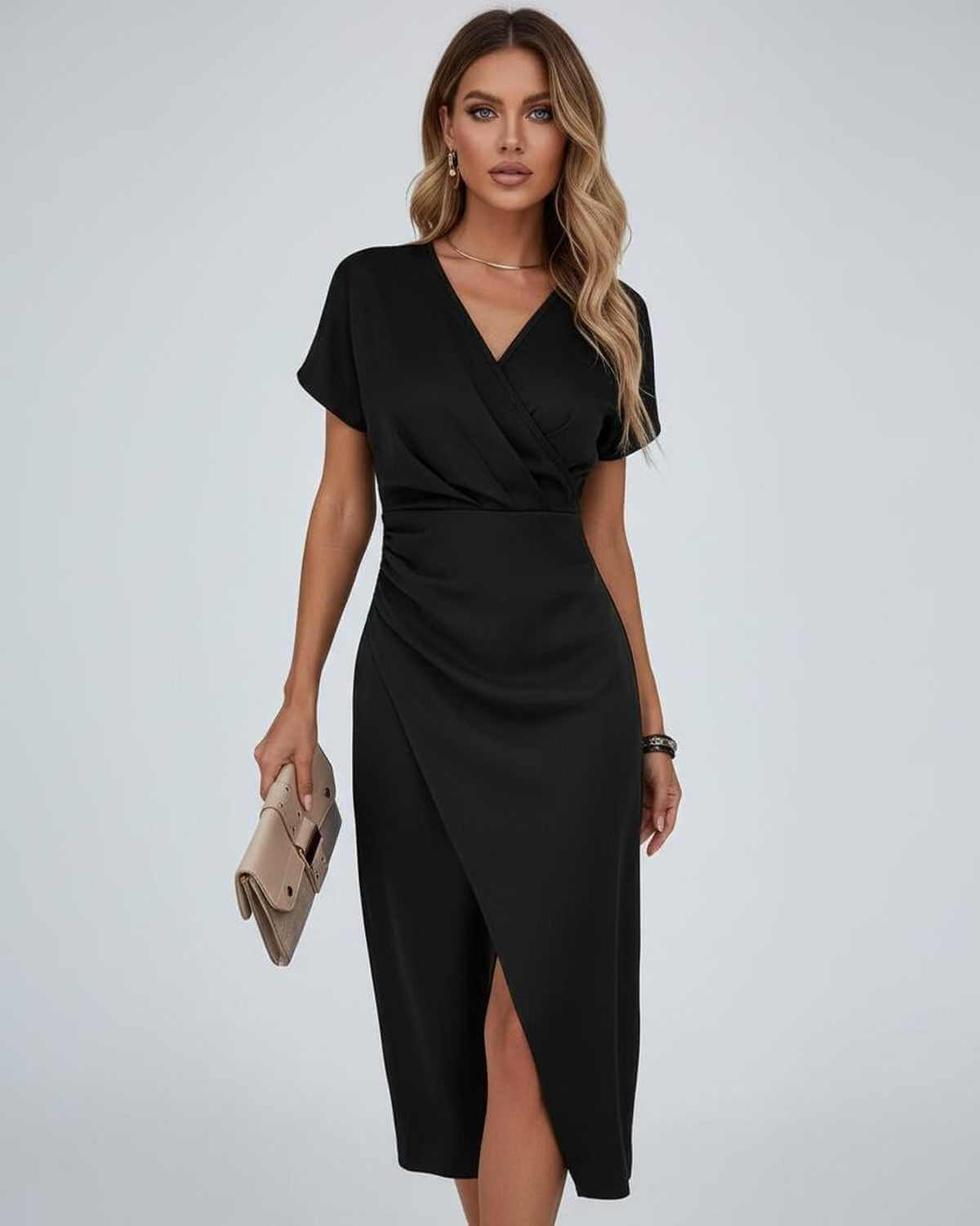 Dames Midi Jurk | Groen | Overslag V-Hals | Gedrapeerd Met Split