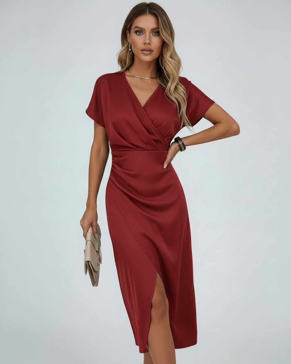 Dames Midi Jurk | Groen | Overslag V-Hals | Gedrapeerd Met Split
