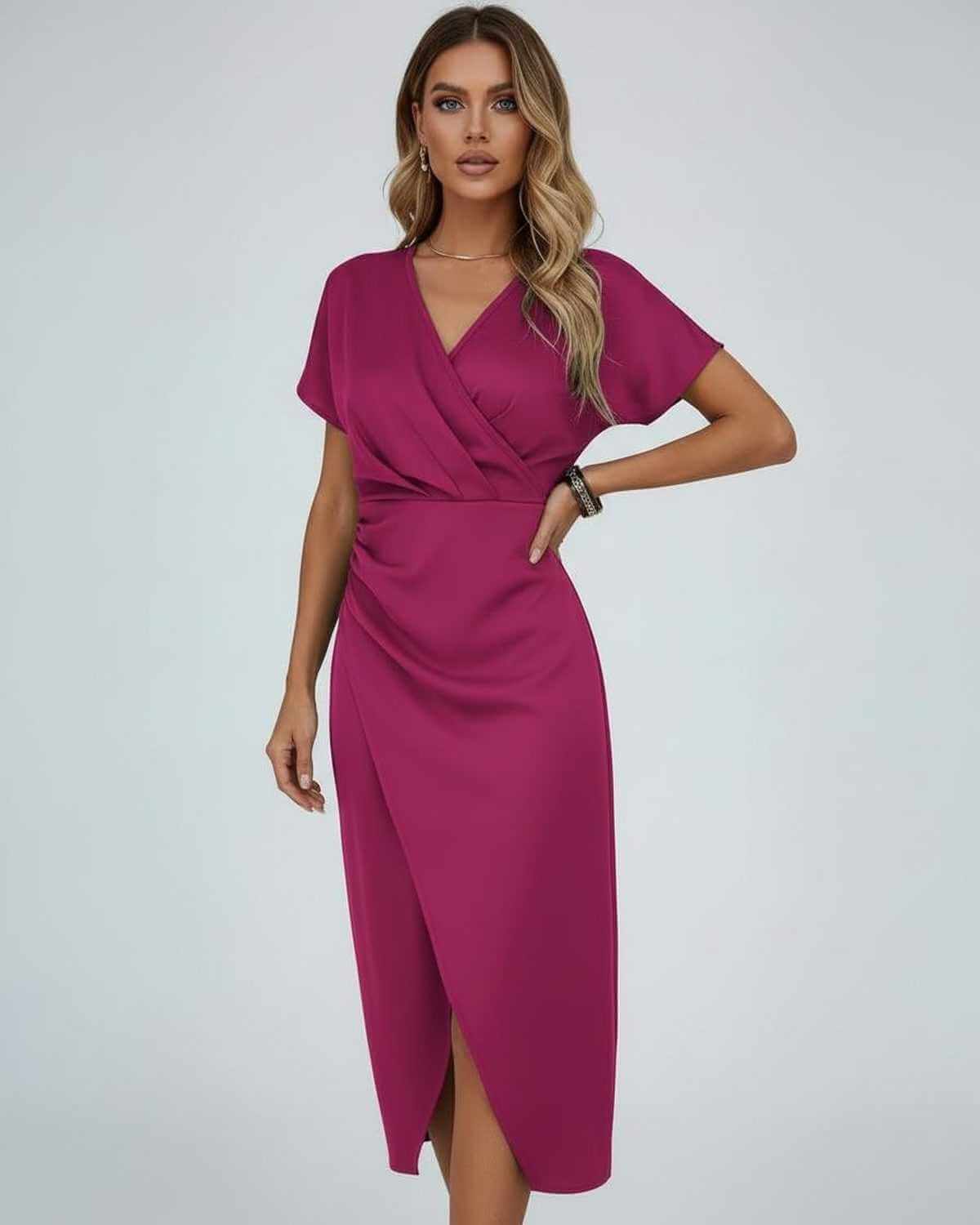 Dames Midi Jurk | Groen | Overslag V-Hals | Gedrapeerd Met Split