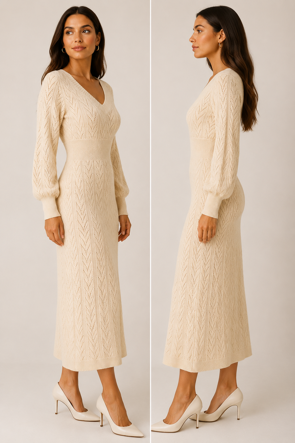 Dames Gebreide Midi Jurk V-hals | Lange Mouwen & Breistof | Kantoor & Winter