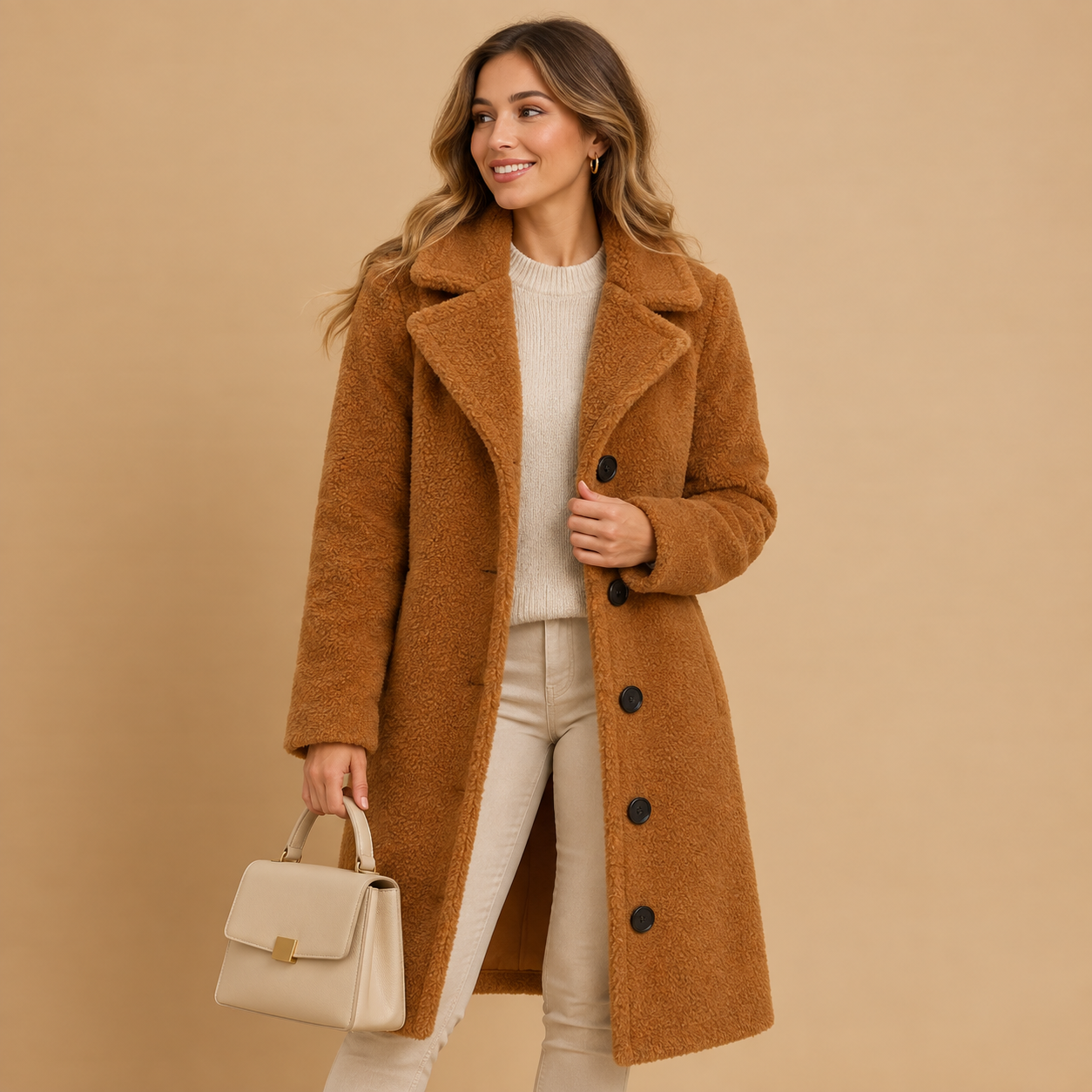 Dames Lange Teddy Winterjas met Knopen | Pluizig Teddy | Herfst & Winter