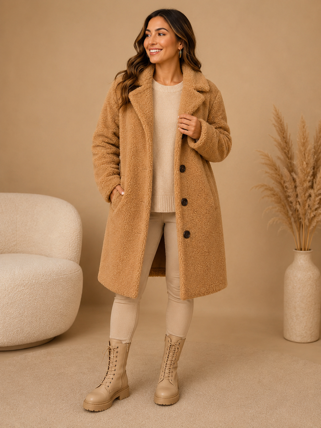 Dames Lange Teddy Winterjas met Knopen | Pluizig Teddy | Herfst & Winter
