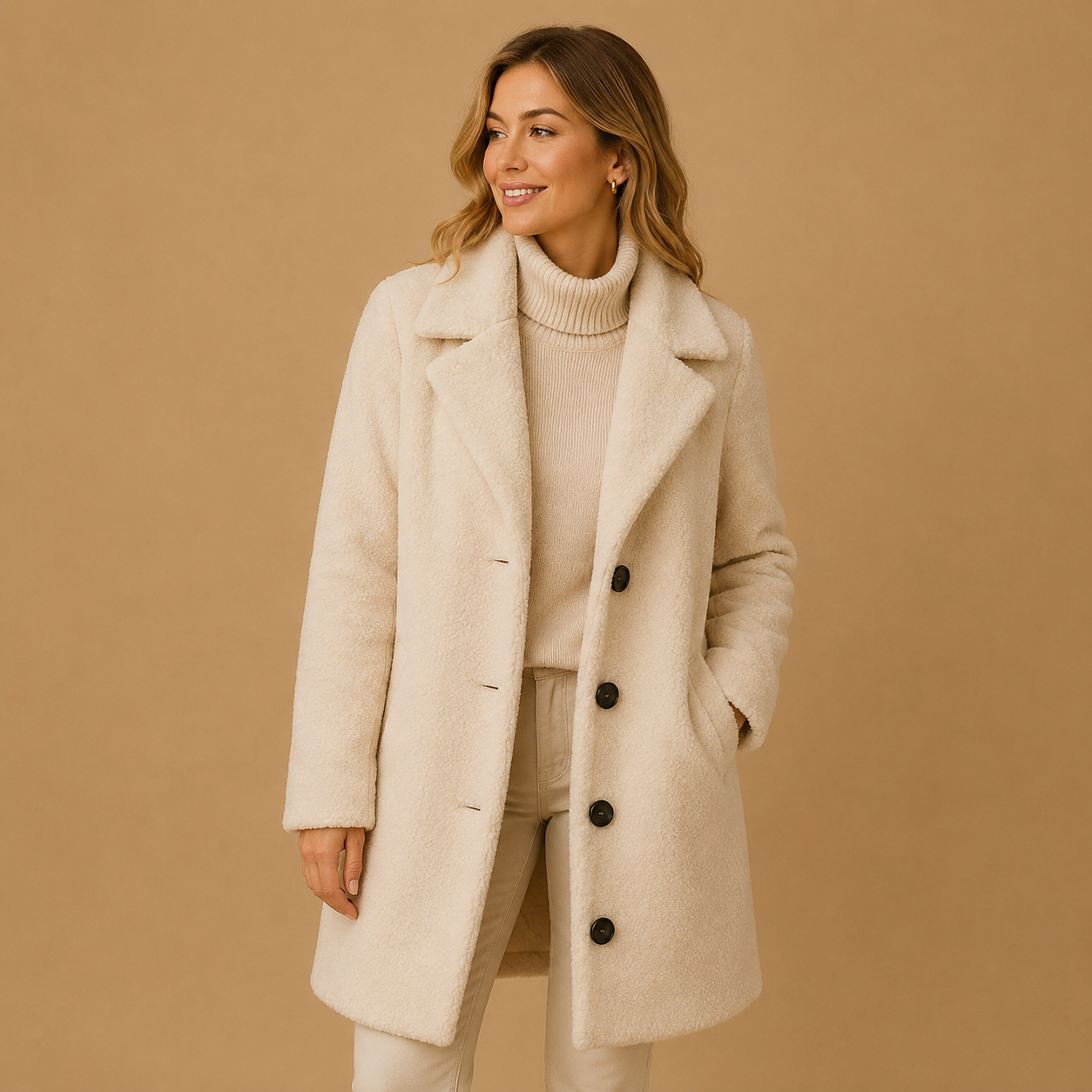 Dames Lange Teddy Winterjas met Knopen | Pluizig Teddy | Herfst & Winter
