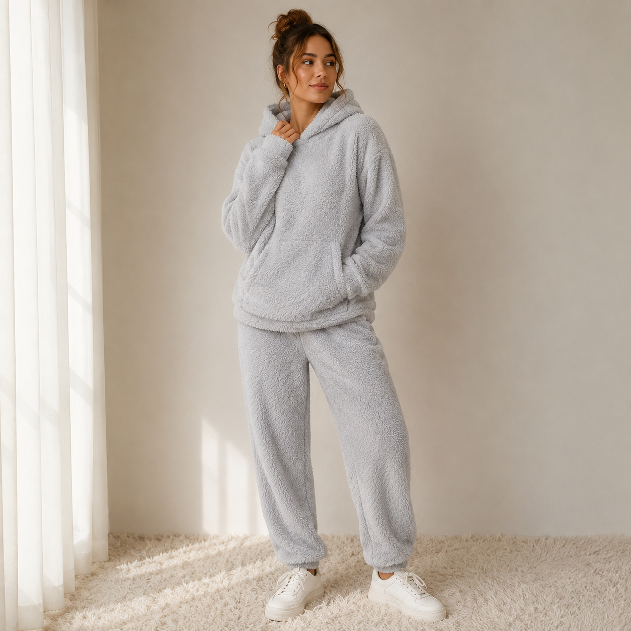 Dames Tweedelig Teddy Huispak Capuchon | Pluizige Teddyfleece | Loungen