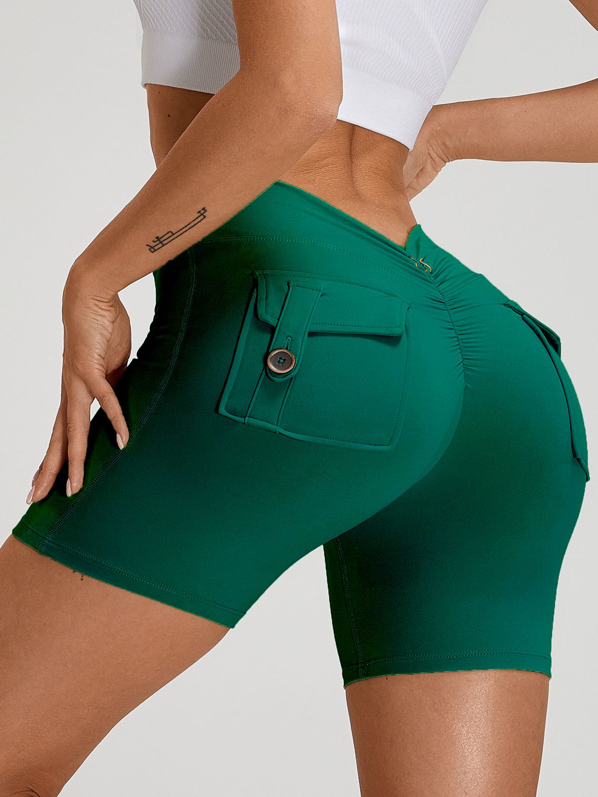 Sportshort Dames Scrunch Bum Diepe V-Rug met Zak
