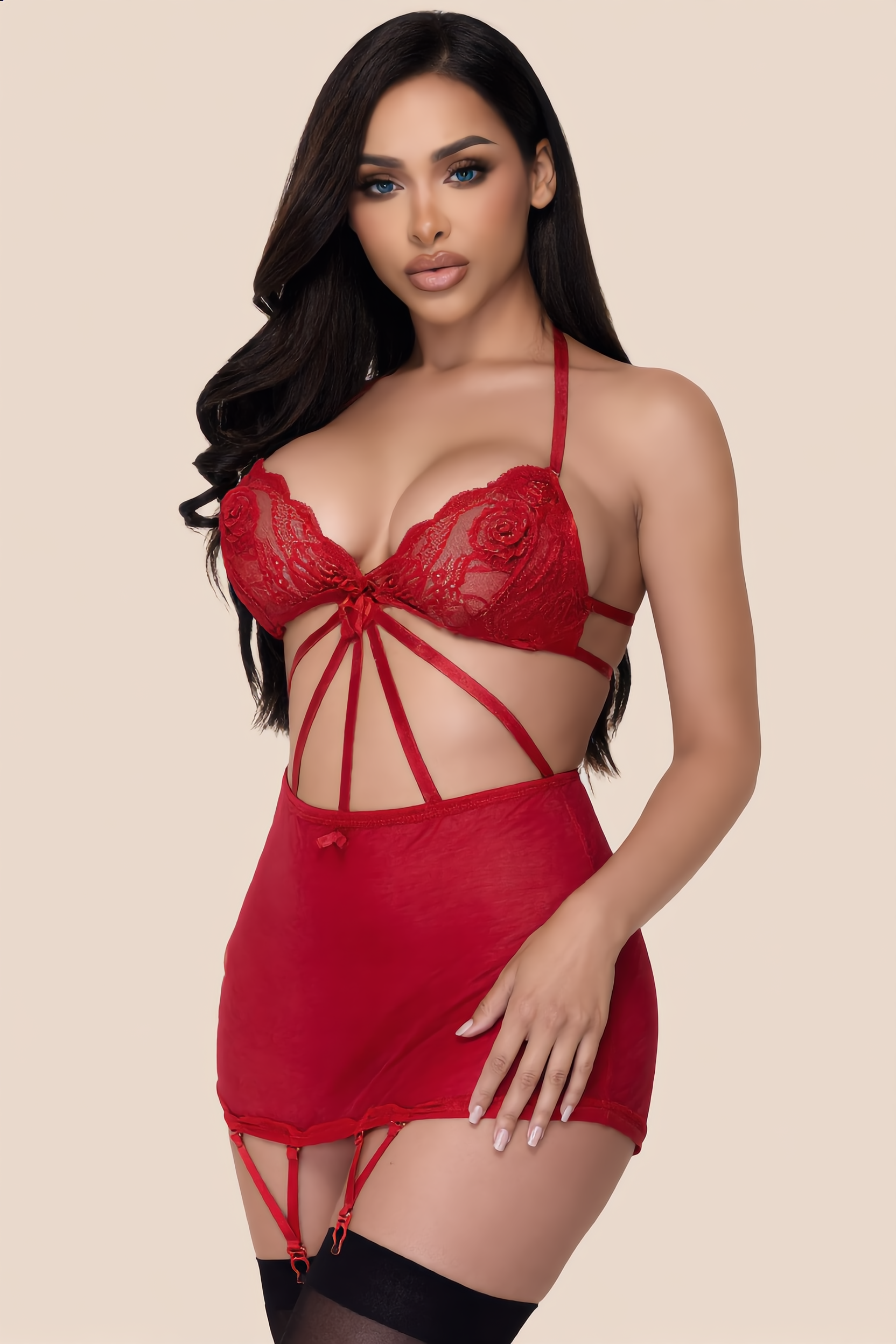 Jarreteljurk Set Dames Kant – Rood Met Mesh En String – Elegante Look met Soepele Pasvorm