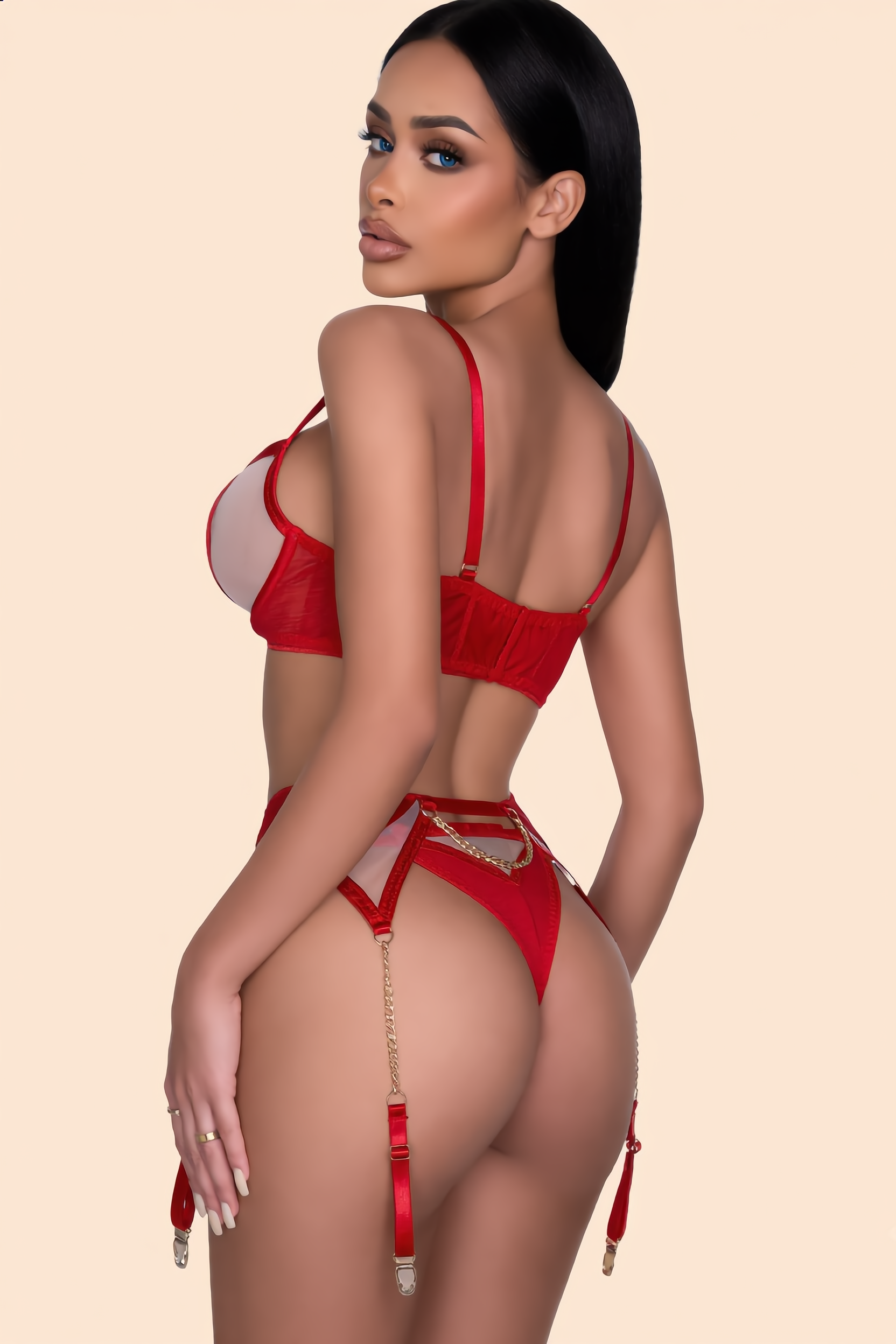 Lingerieset Dames Mesh – Rood 3-Delig Met Ketting – Verleidelijke Set met Soepele Pasvorm