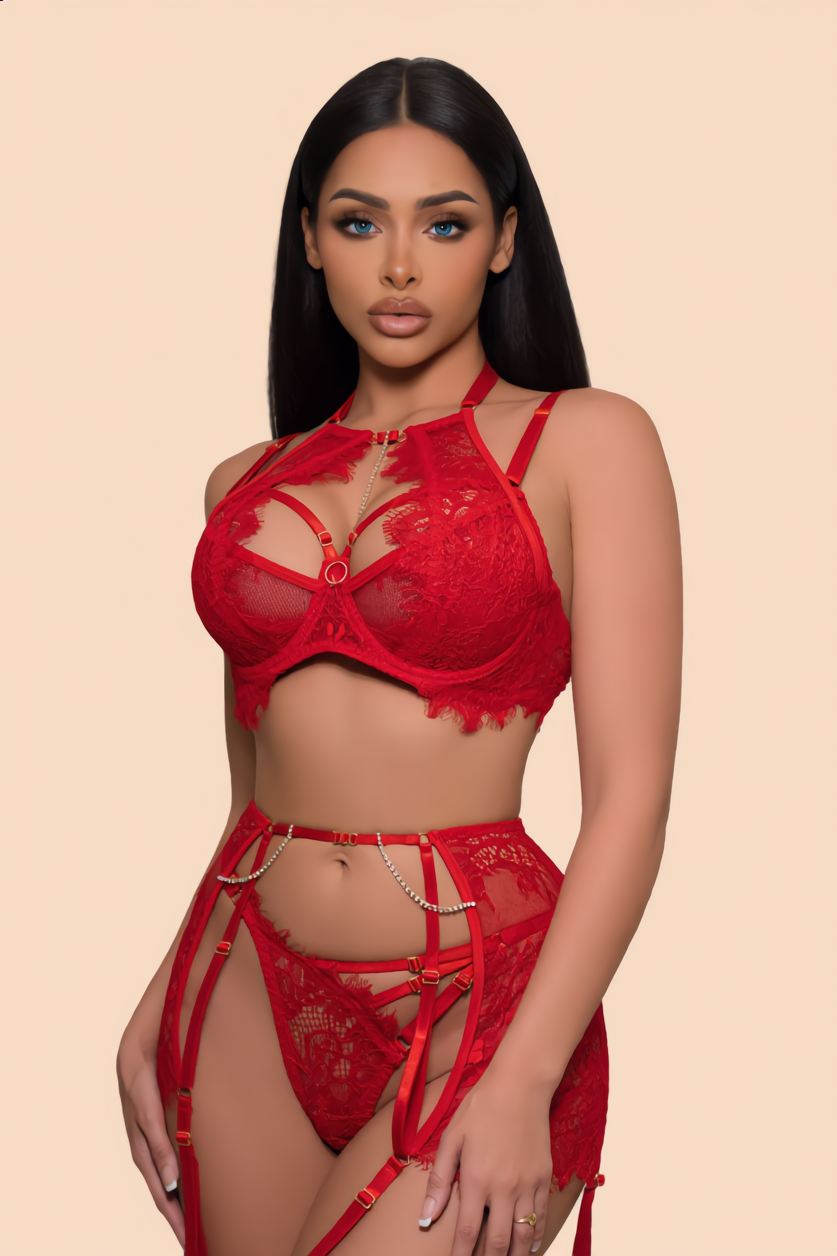 Bh Set Dames Kant – Robijnrood 3-Delig Met Kettingjarretels En String – Elegante Set