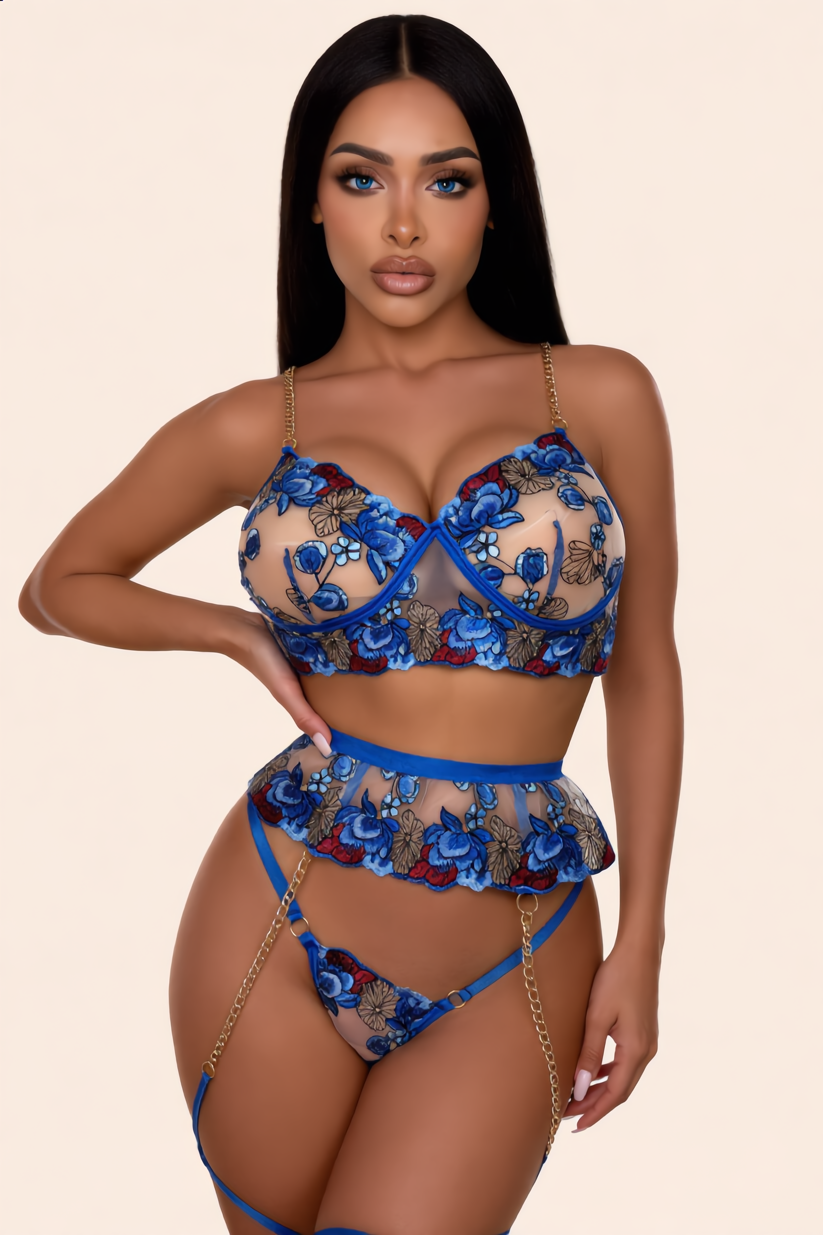 Lingerieset Dames Kant – Saffierblauw 3-Delig Met String – Verleidelijke Set met Soepele Pasvorm