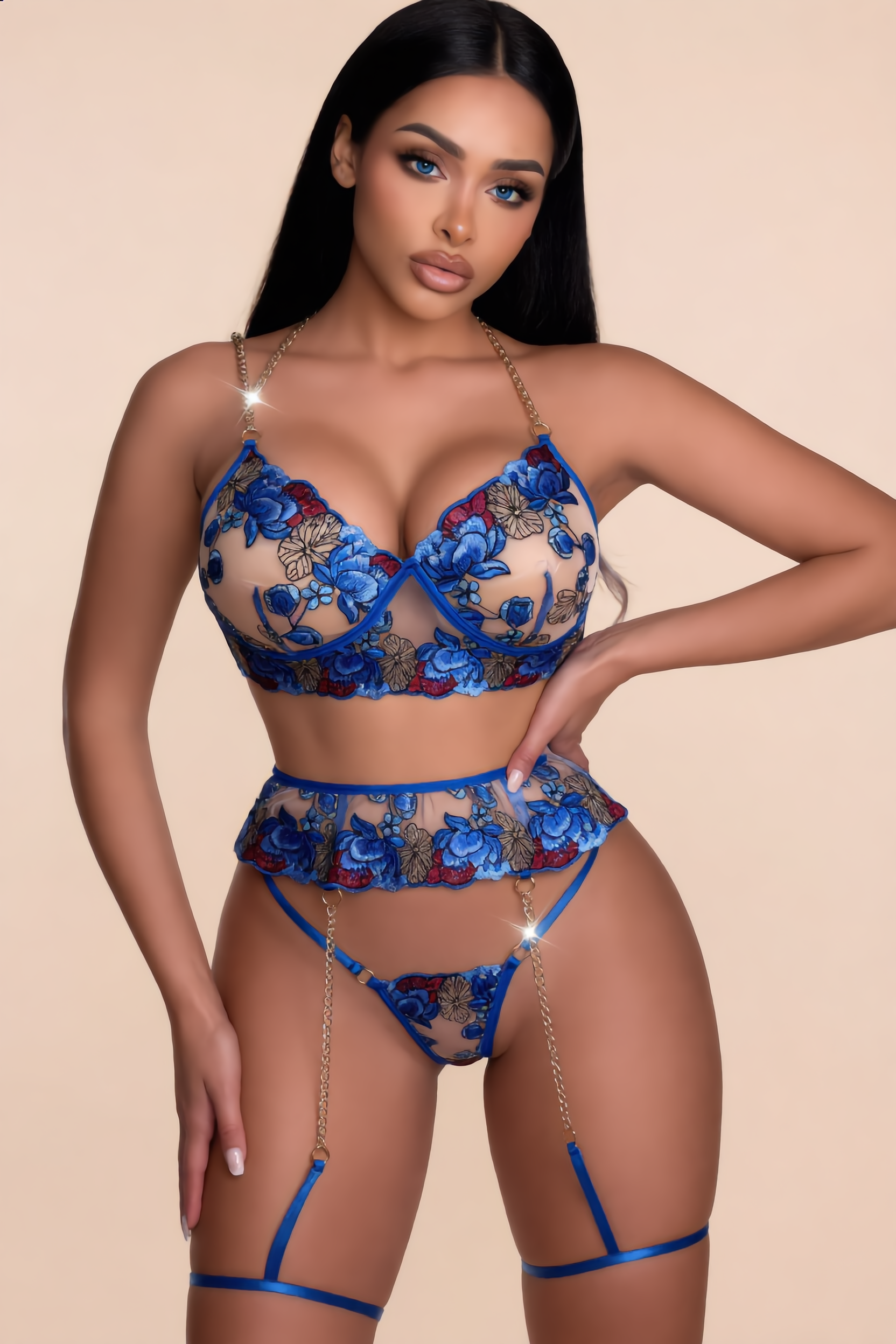 Lingerieset Dames Kant – Saffierblauw 3-Delig Met String – Verleidelijke Set met Soepele Pasvorm