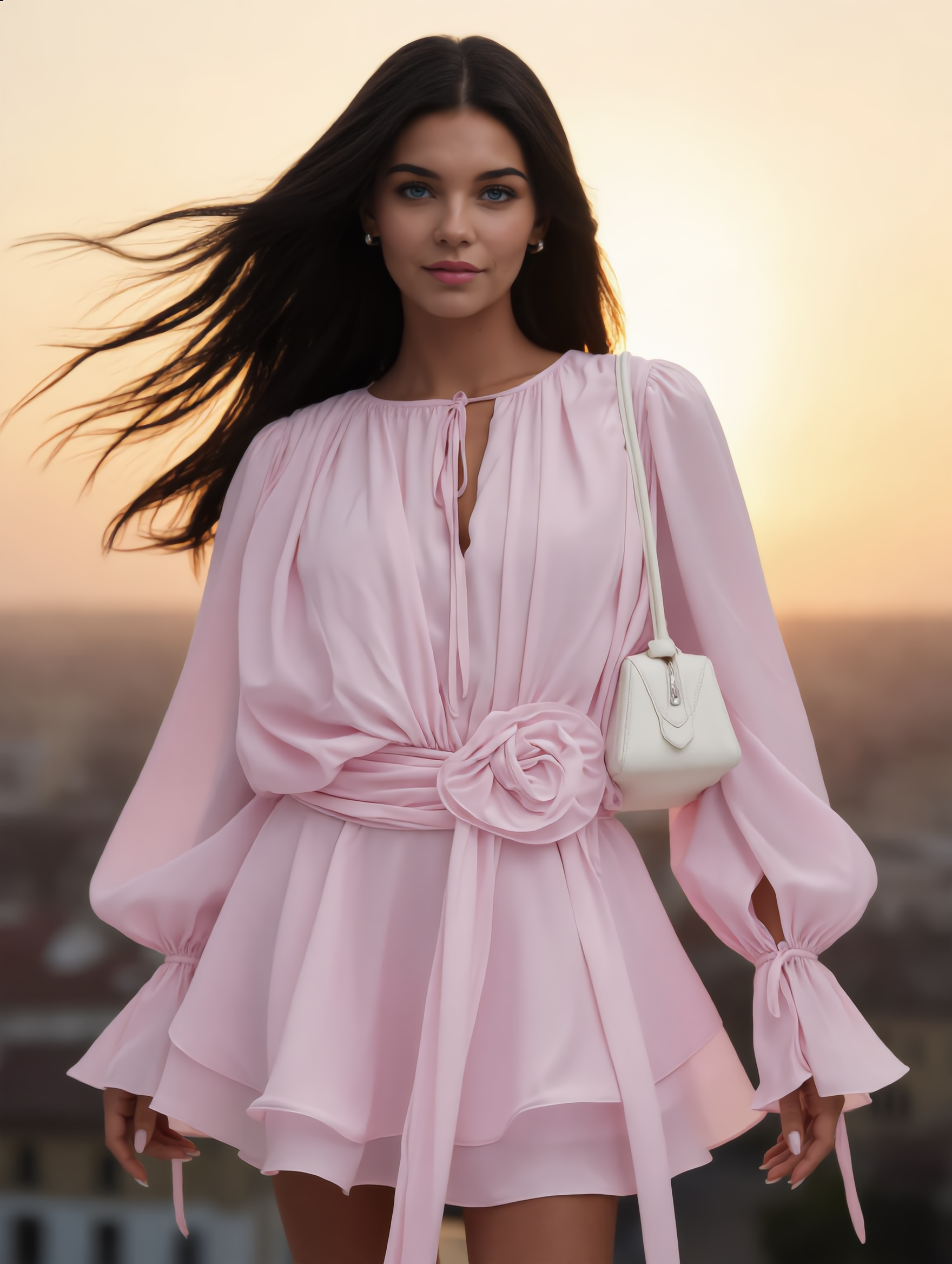 Dames Mini Jurk | Lange Mouw | 3D Roos Riem | Gelaagde Rok