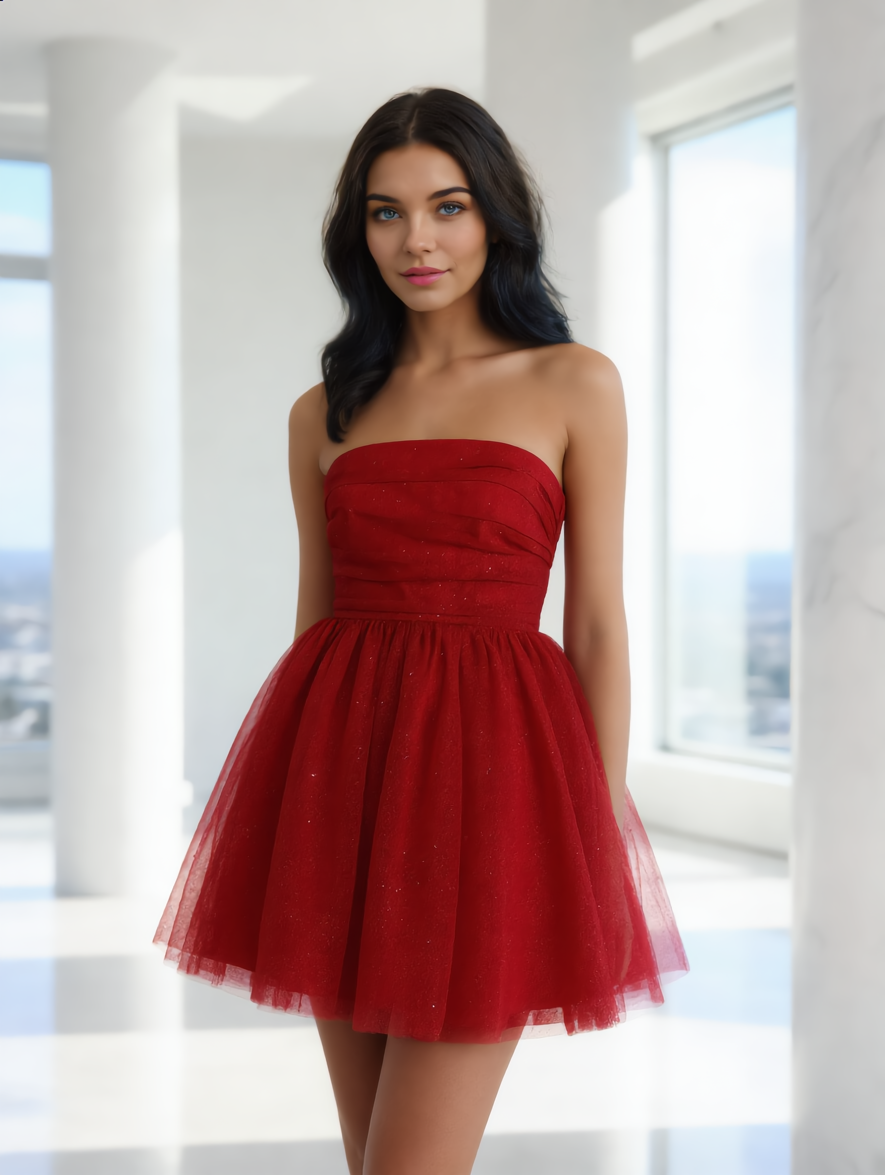 Strapless Cocktailjurk met Tule Rok en Glitter effect