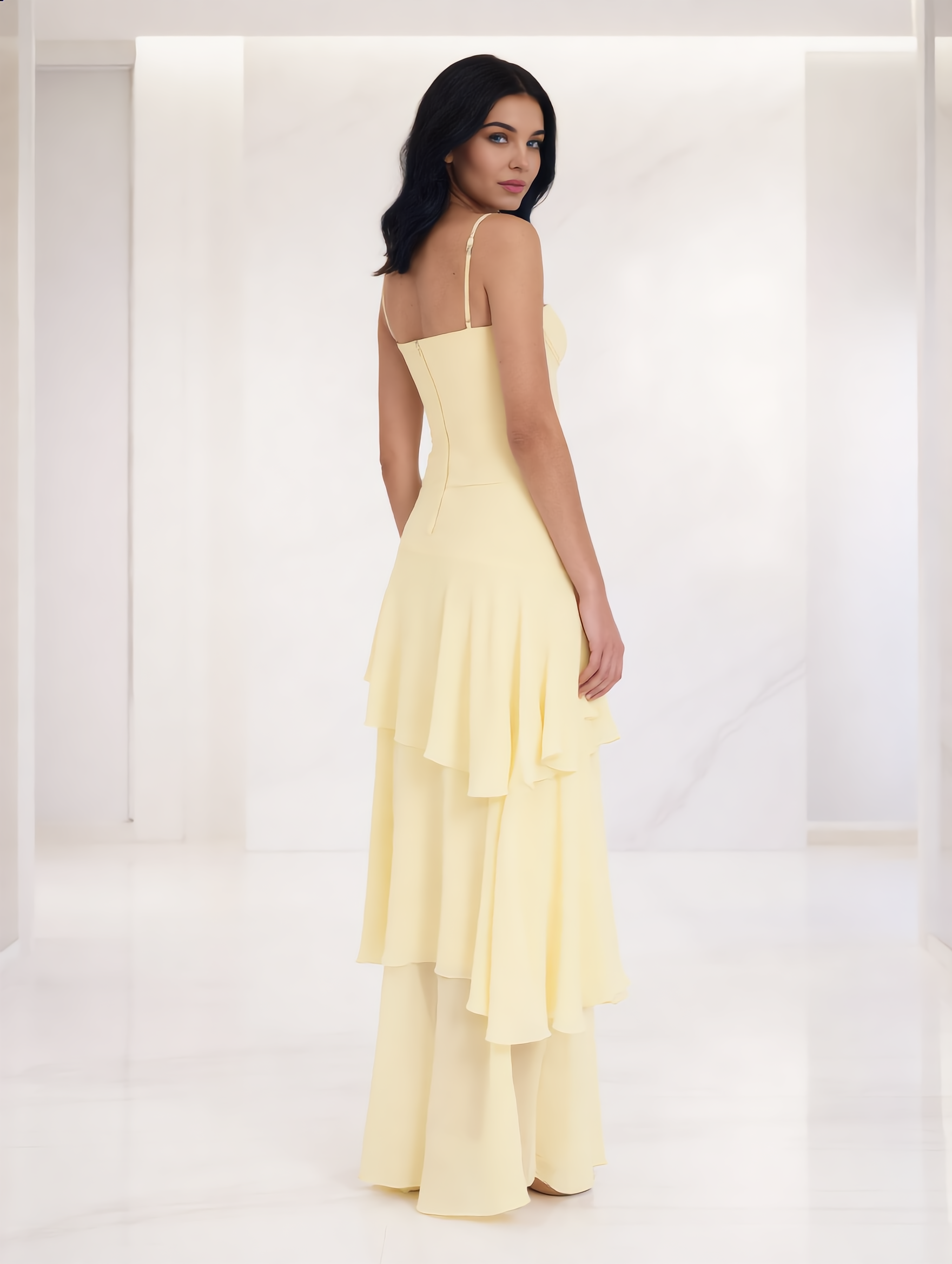 Dames Maxi Jurk | Spaghettibandjes | Gelaagde Rok Met Bustier Top