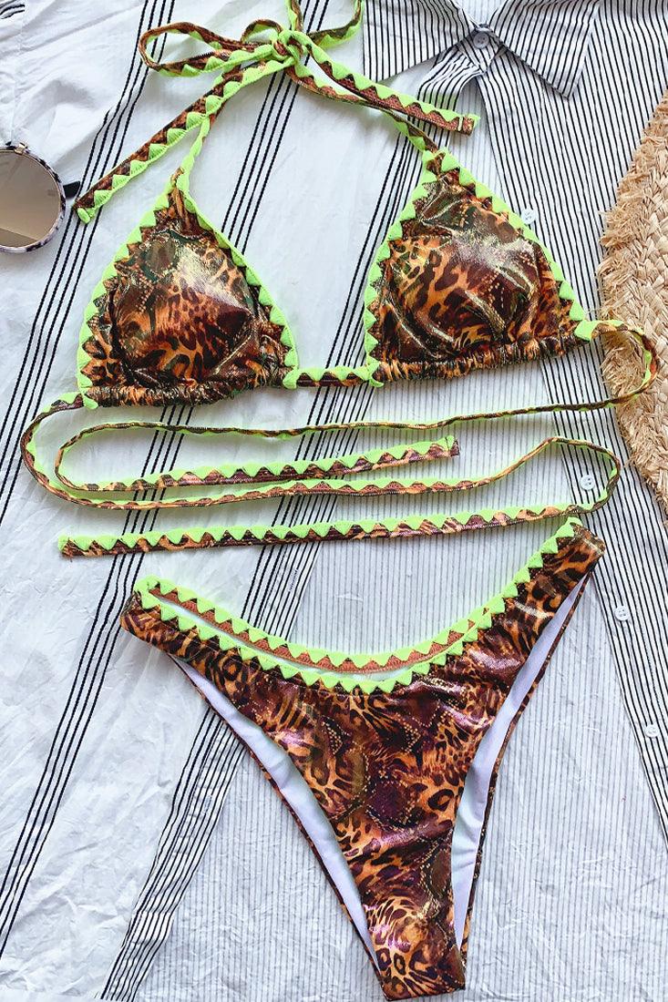 Luipaardprint Bikini Dames – Set met Limegroene Details