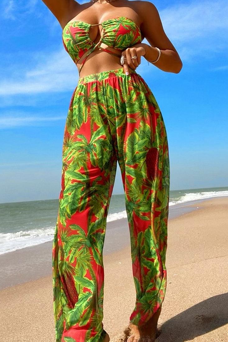 Bikini Set Palm Print Bandeau High Waist dames