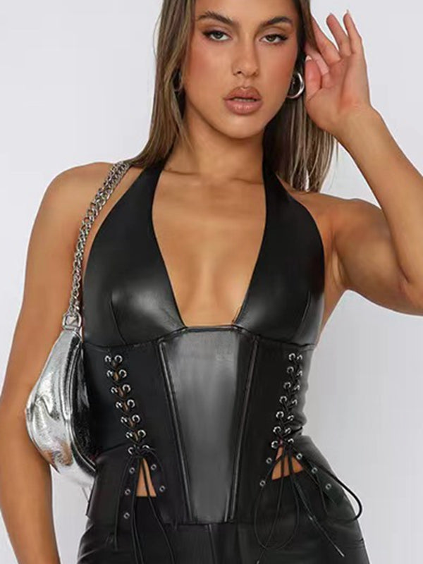 Tanktop Dames Leather Look – Halternek – Zwart