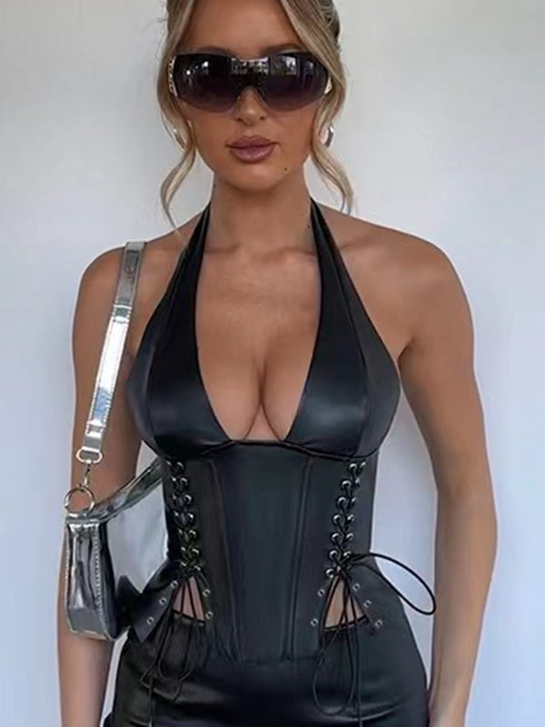 Tanktop Dames Leather Look – Halternek – Zwart
