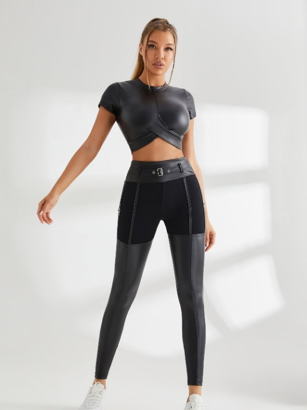 Sportlegging Dames Leather Look Twist Detail Metalen Knopen Zwart