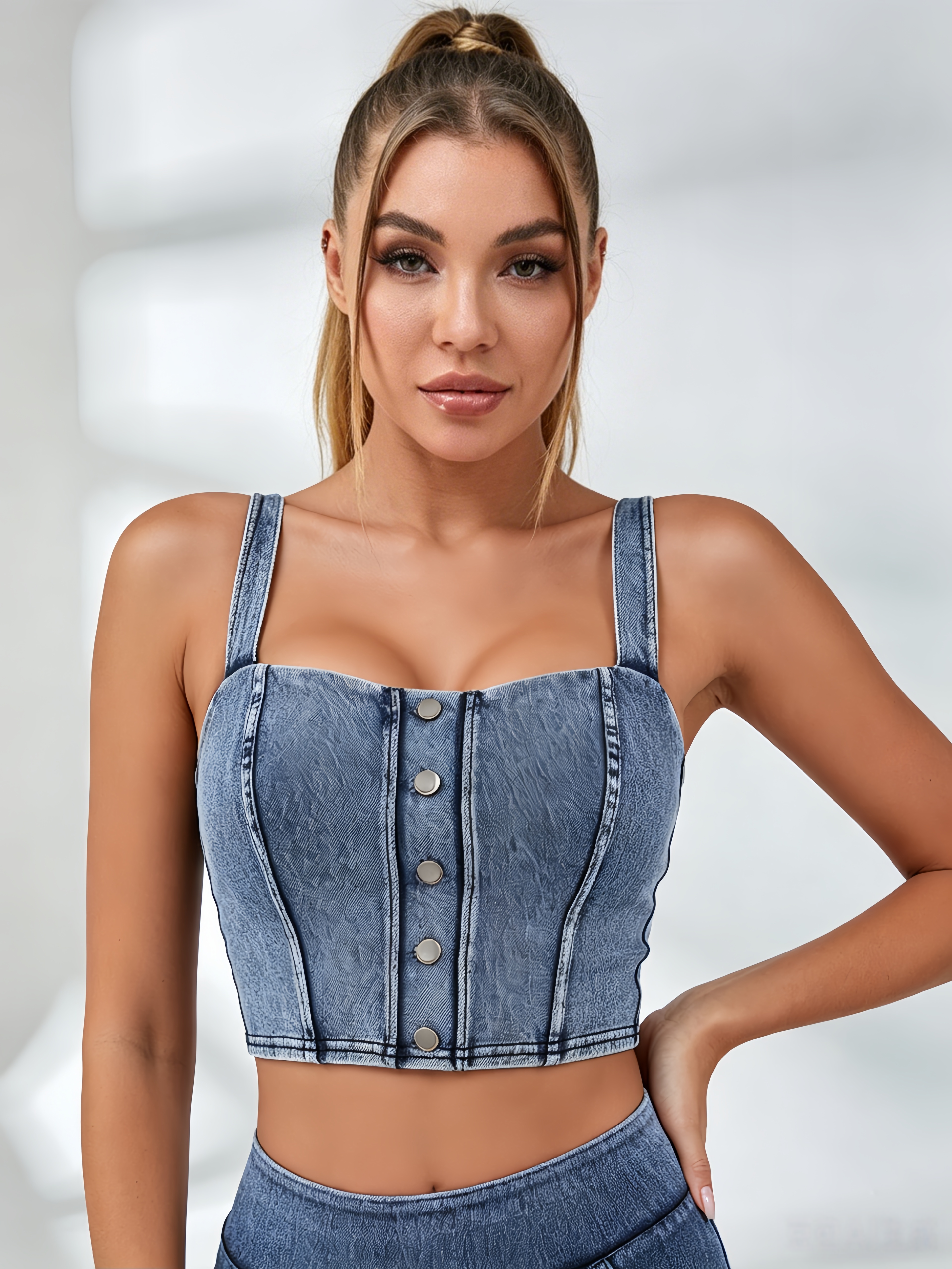 Tanktop Dames Denim – Met Knopen – Blauw