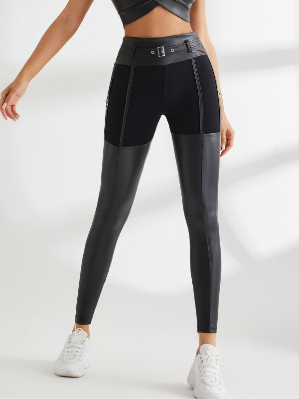 Sportlegging Dames Leather Look Twist Detail Metalen Knopen Zwart