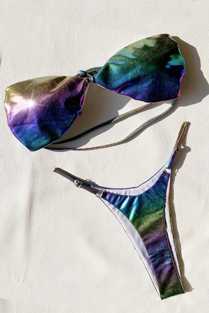 Paars-Groene Metallic Bikini Dames – Strapless High Waist Set