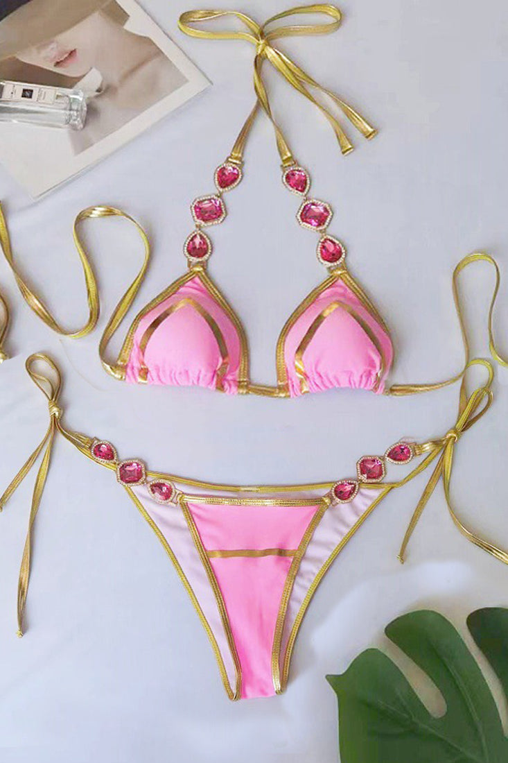 Roze Bikini Dames – Set met Gouden Details en Glitter
