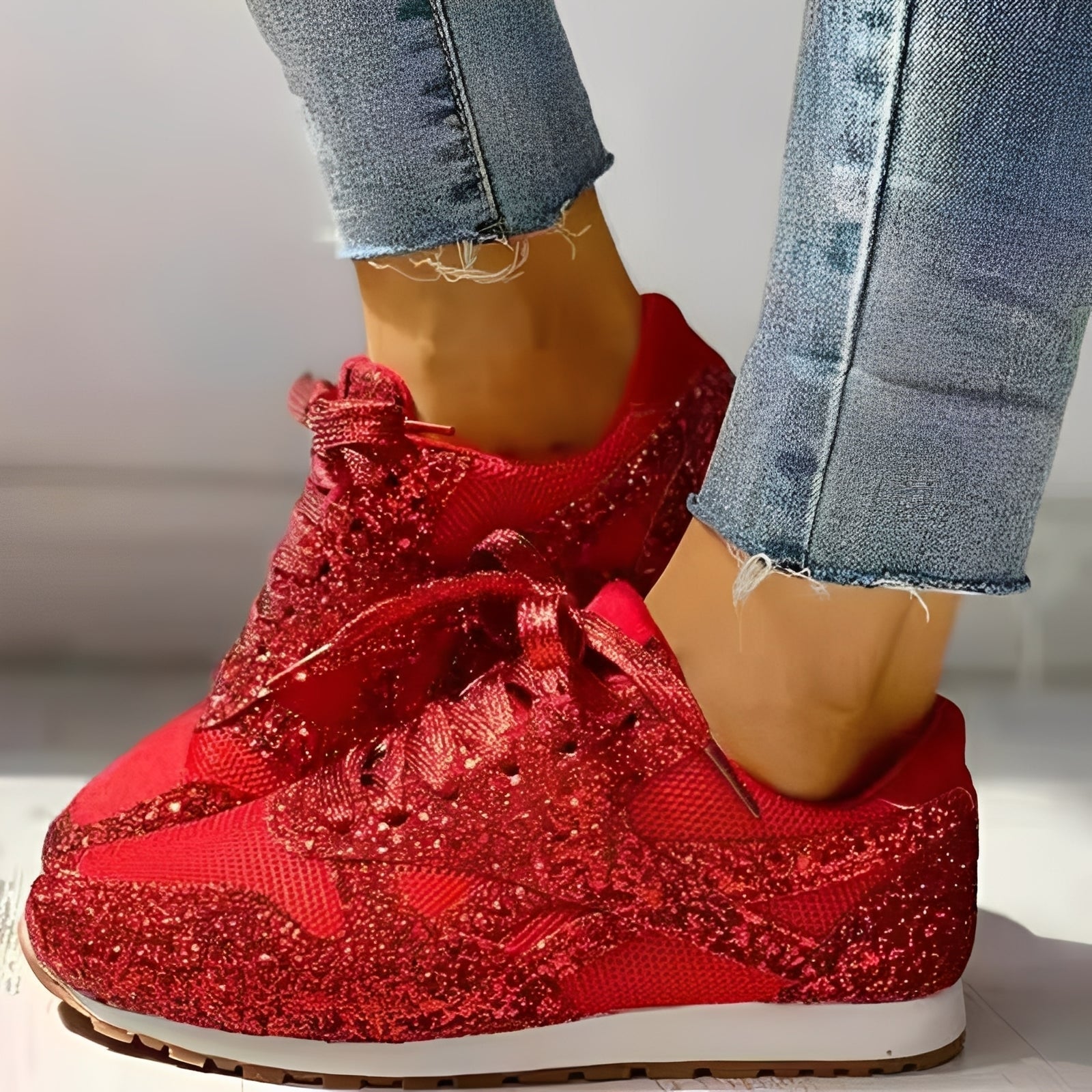 Feestelijke Comfort Sneakers Dames met Glitterdetail en Veters