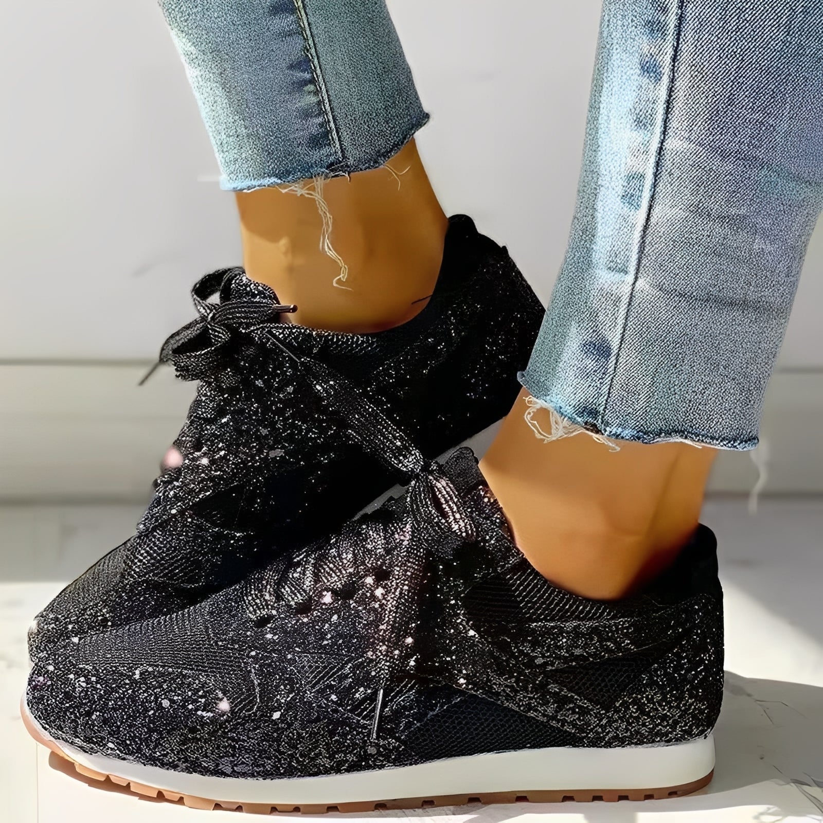 Feestelijke Comfort Sneakers Dames met Glitterdetail en Veters