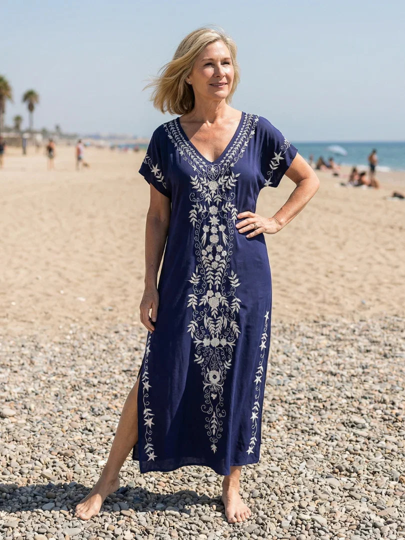 Boho Grote Maten Zomerjurk Dames met Borduurwerk en Korte Mouw