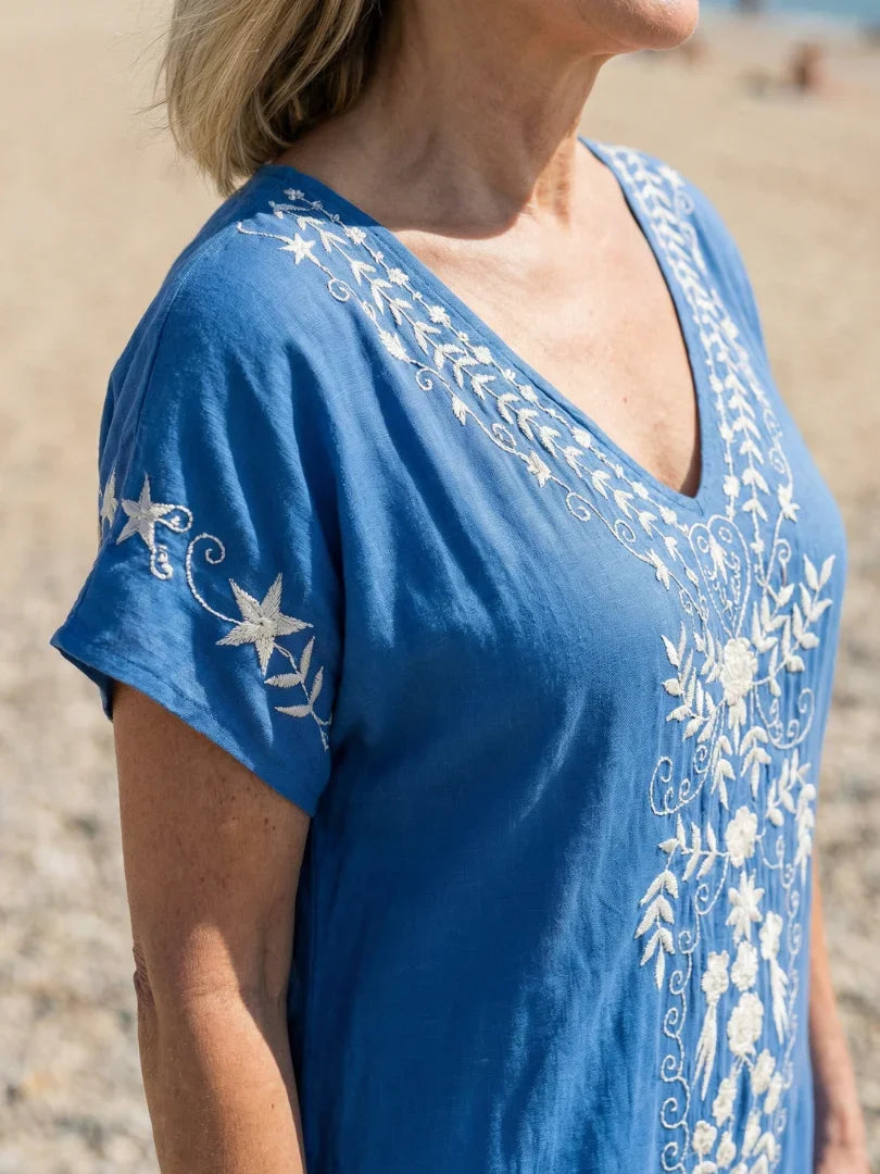 Boho Grote Maten Zomerjurk Dames met Borduurwerk en Korte Mouw