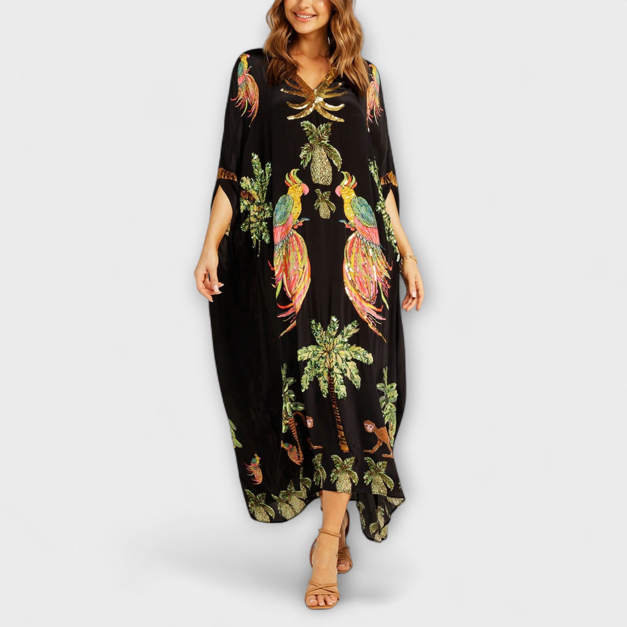Boho Zomerjurk Dames Maxi met Tropische Print en Vlindermodel