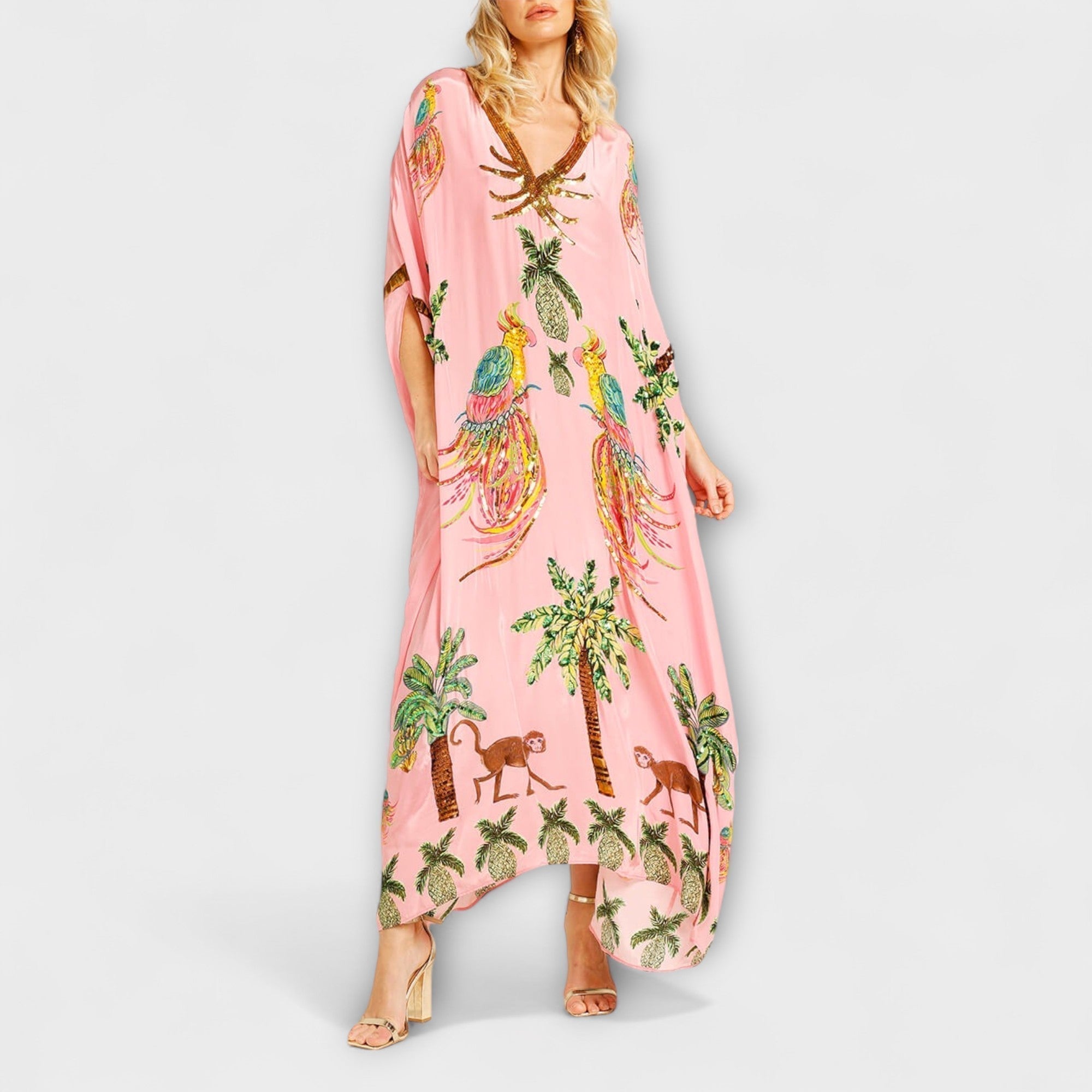 Boho Zomerjurk Dames Maxi met Tropische Print en Vlindermodel