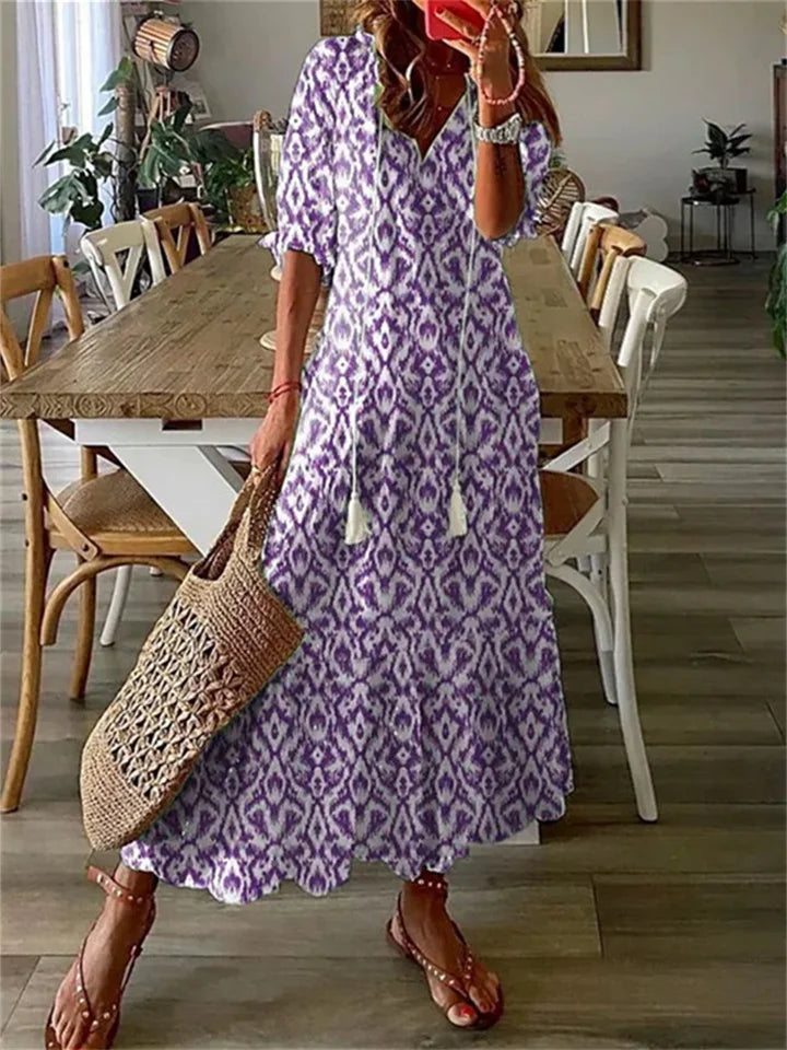 Boho Zomerjurk Dames Maxi met V-hals en Grafische Print