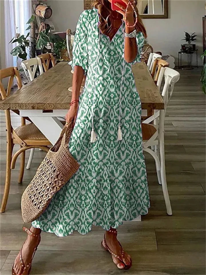 Boho Zomerjurk Dames Maxi met V-hals en Grafische Print