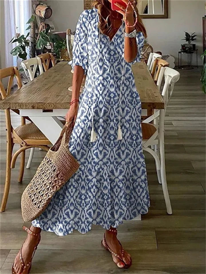 Boho Zomerjurk Dames Maxi met V-hals en Grafische Print