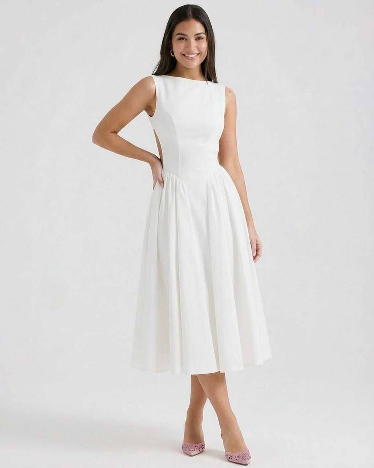 Dames Midi Jurk | Open Rug | Mouwloos Met A-Lijn Rok