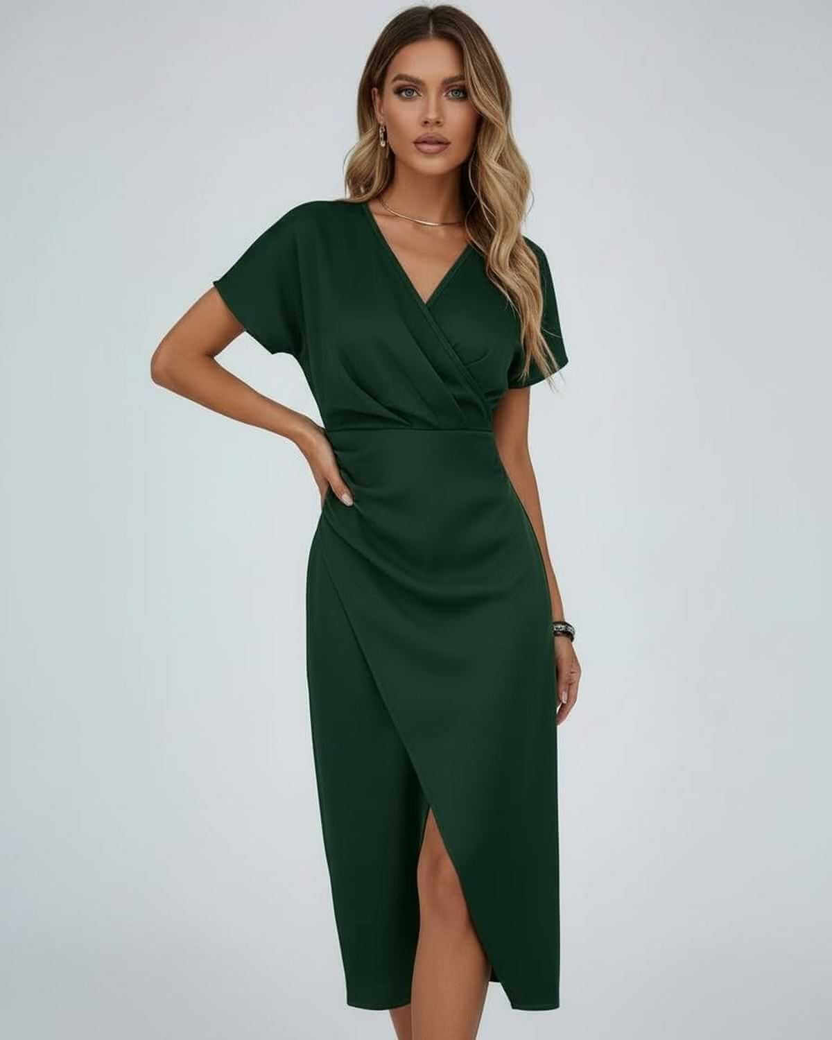 Dames Midi Jurk | Groen | Overslag V-Hals | Gedrapeerd Met Split