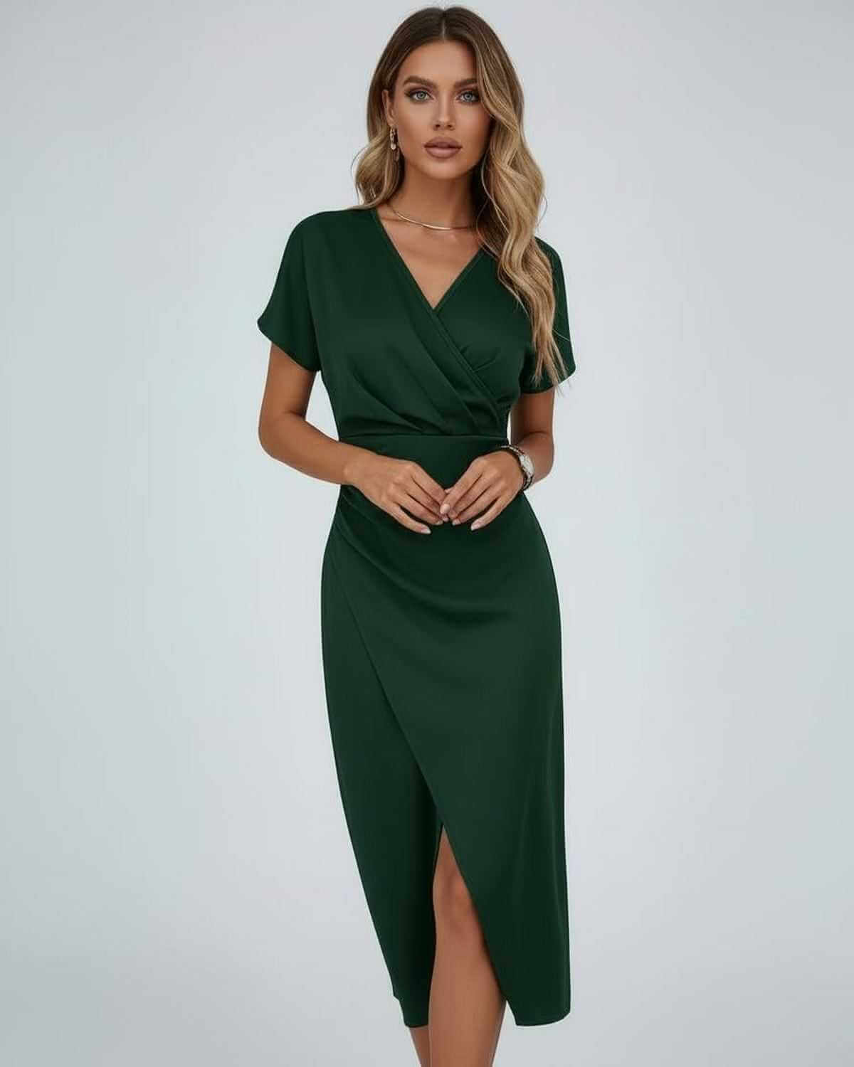 Dames Midi Jurk | Groen | Overslag V-Hals | Gedrapeerd Met Split