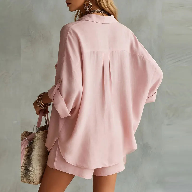 Stijlvolle Linnen Set Dames met Oversized Blouse en Korte Broek