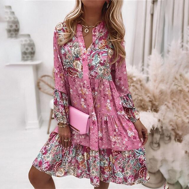 Boho Bruiloft Gastenjurk Dames met V-hals en Lange Mouwen