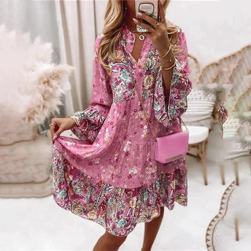 Boho Bruiloft Gastenjurk Dames met V-hals en Lange Mouwen