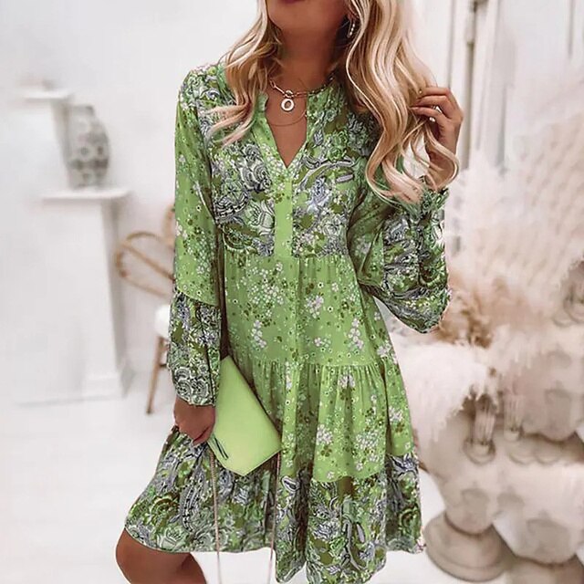 Boho Bruiloft Gastenjurk Dames met V-hals en Lange Mouwen