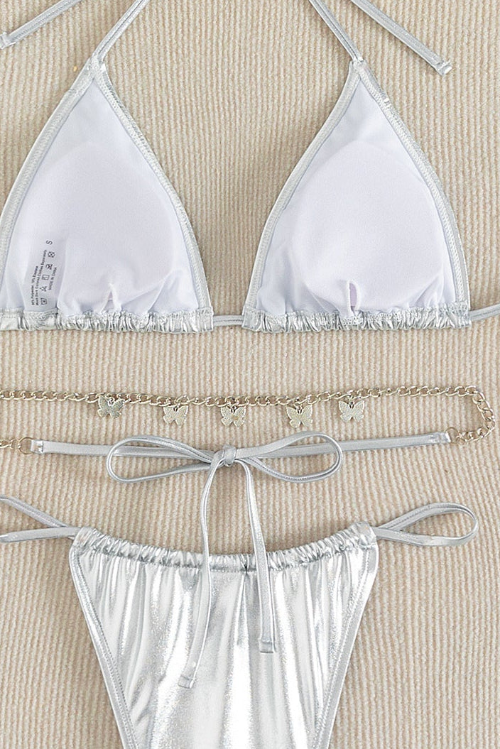 Zilver Metallic Bikini Dames – Triangel Set met Butterfly Chain