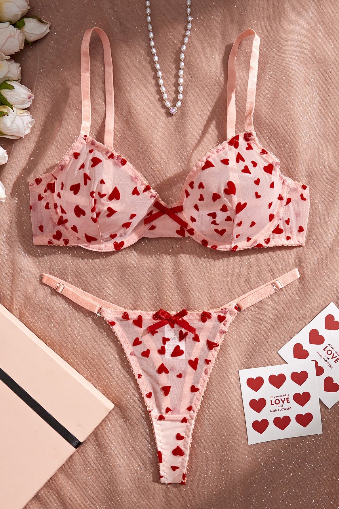 Pink Heart Mesh Lingerie Set - Lingerieset Dames Mesh – Roze Met Strik – Luxe Lingerie