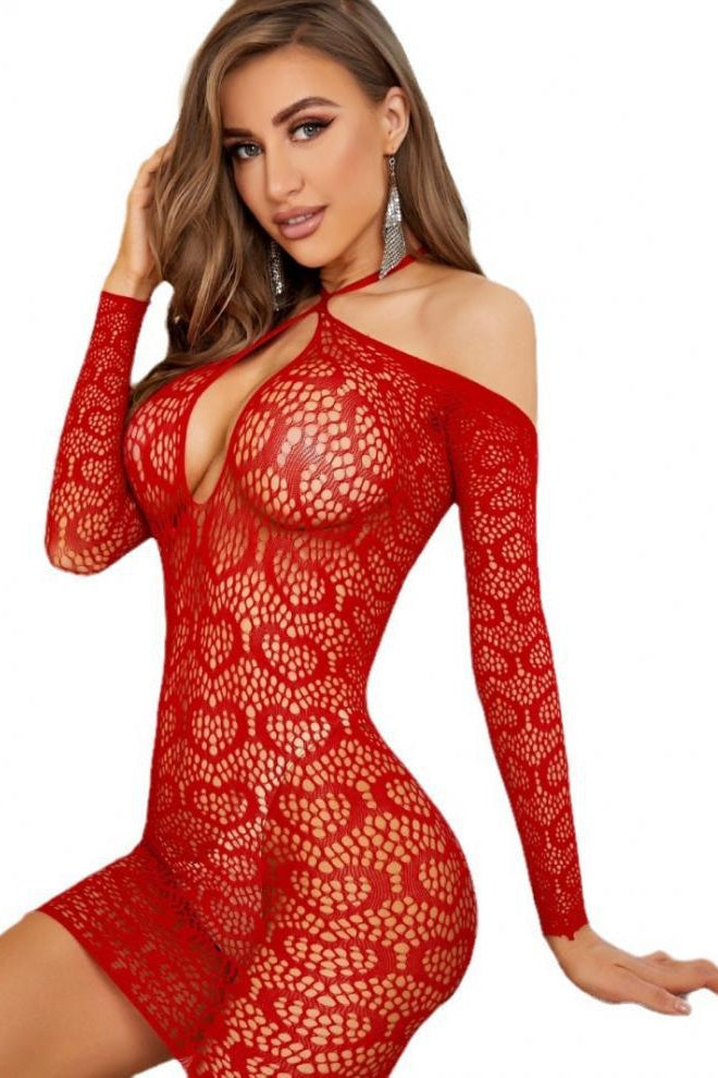 Red Net Halter Mini Dress - Mini-Jurk Dames Mesh – Rood Met Lange Mouwen – Elegante Look