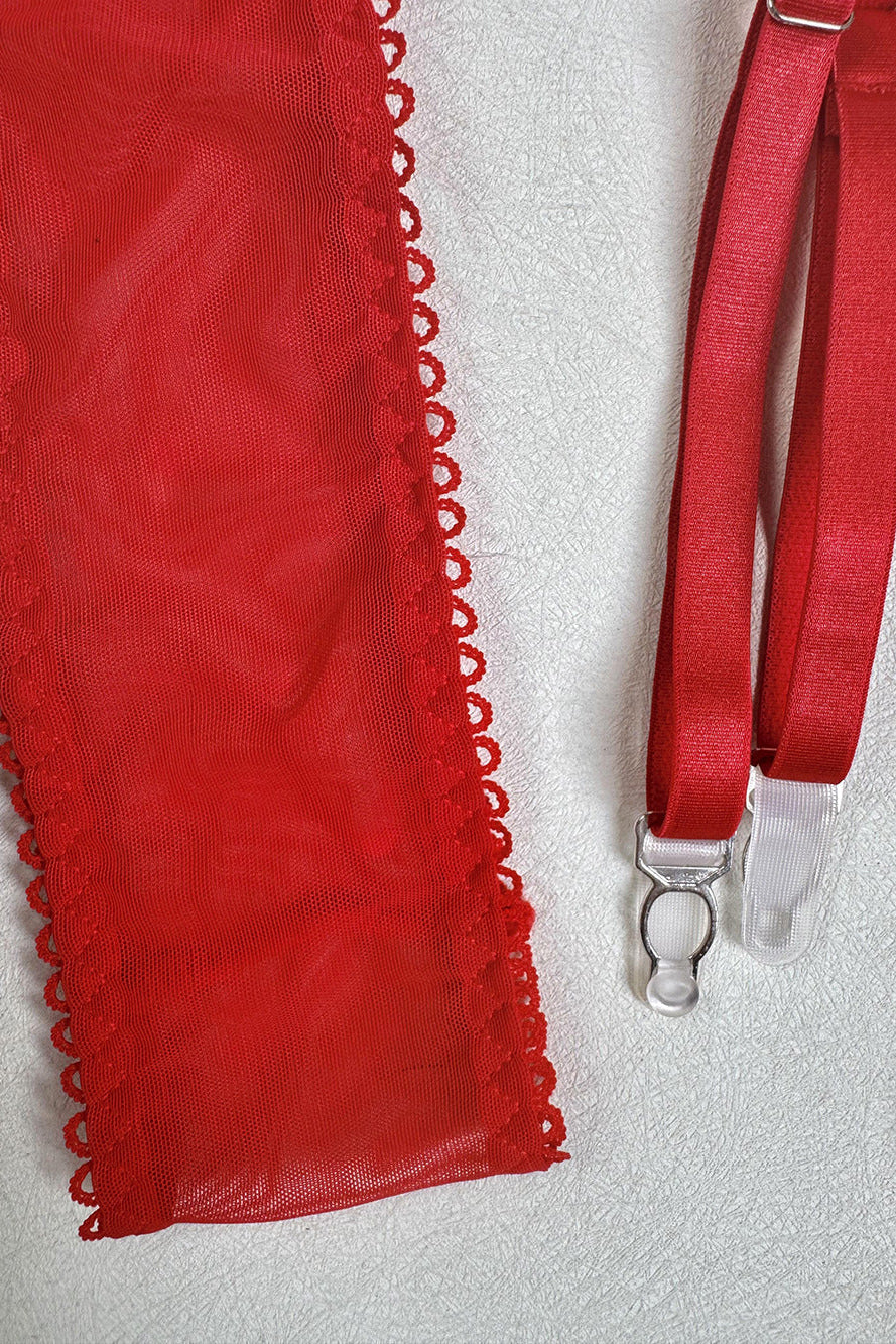Red Embroidered Mesh Garter Bodysuit - Lingerieset Dames Geborduurde Bloemen – Rood Met