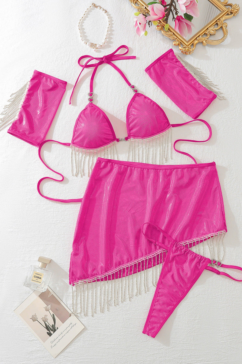 Lingerieset Dames Pailletten – Fuchsia 5-Delig Glamour – Verleidelijke Set met Soepele Pasvorm