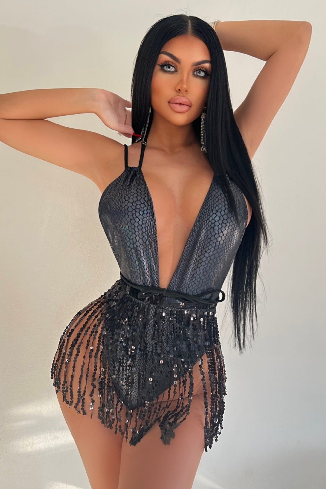 Zwart Holografische Badpak Dames – Snake Monokini met Pailletten